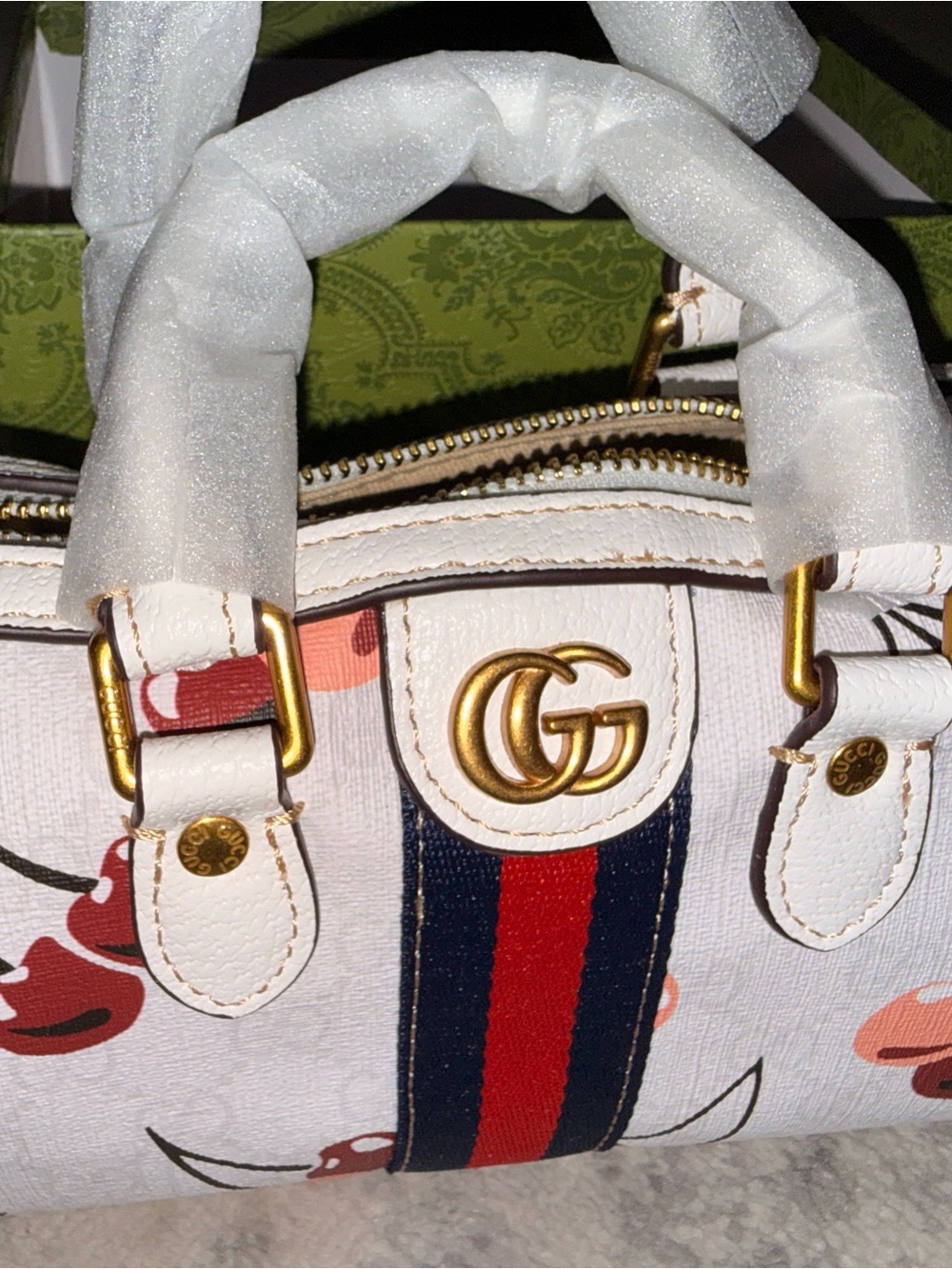 Gucci White Mini Cherry-Print Top-Handle Bag with Blue-Red Web Stripe